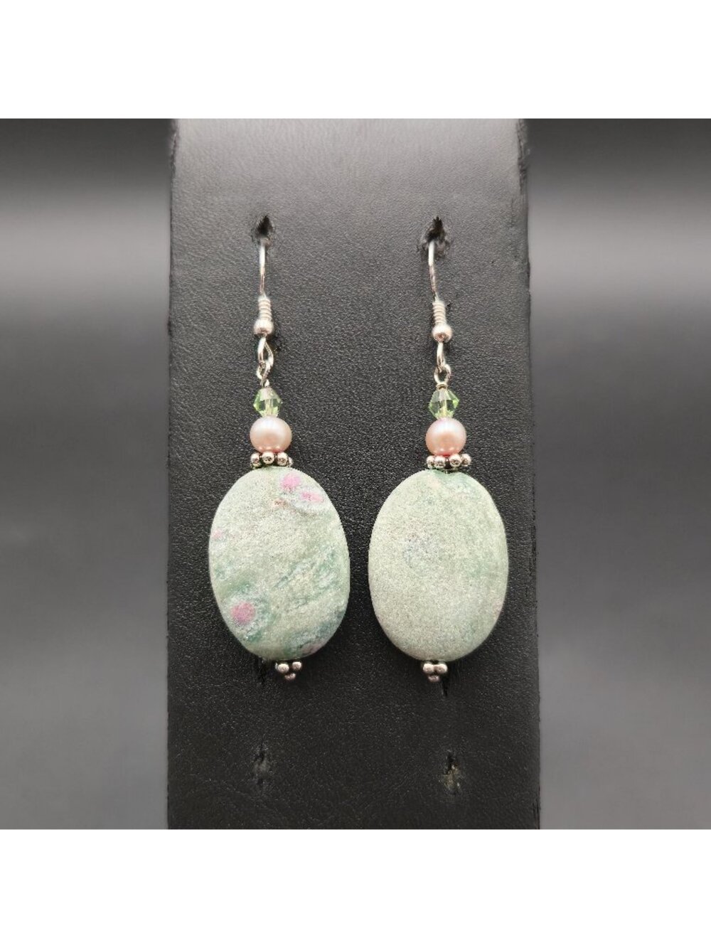 Sterling Silver Ruby in Zoisite Oval Dangle Earrings Pearl Accent A8724